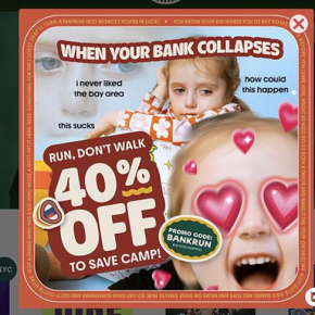 美国玩具店Camp的网站上，醒目的全场促销幽默广告都打了出来